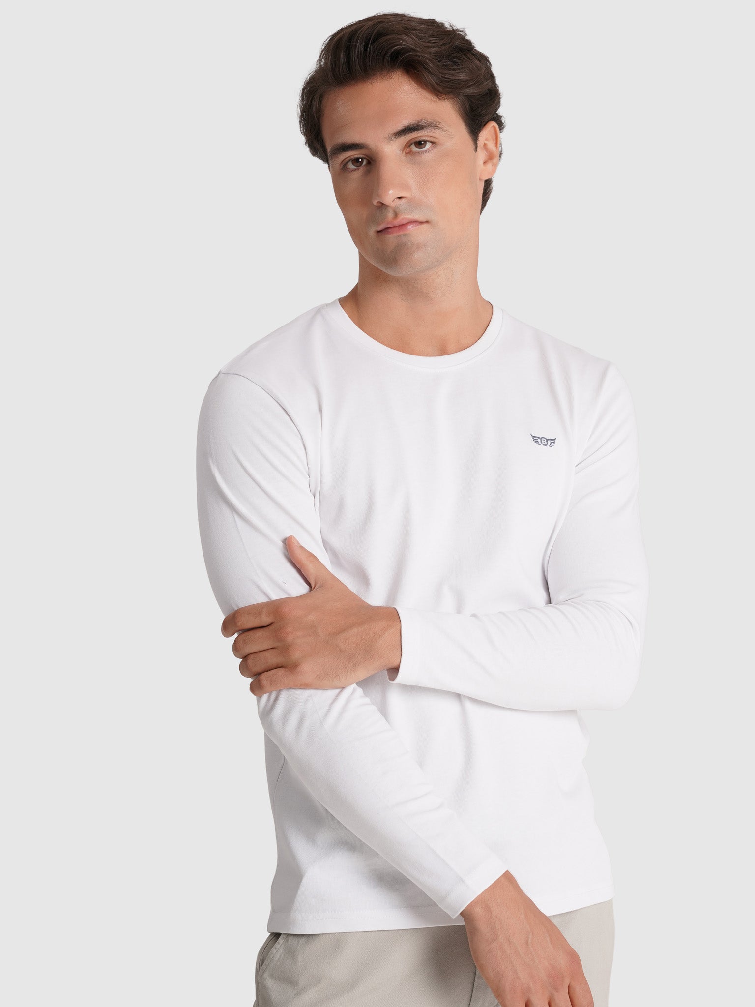WHITE COTTON T-SHIRT LONG SLEEVE REGULAR FIT MR. BLUE