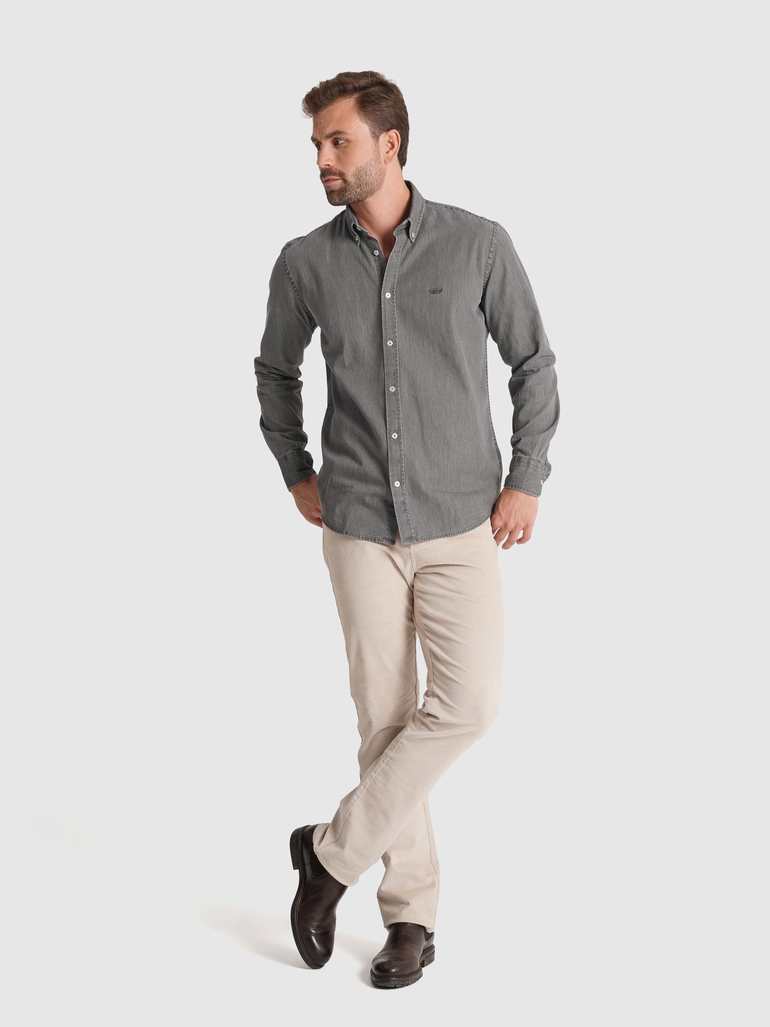 CAMISA ALGODÓN GRIS MANGA LARGA REGULAR FIT MR. AZUL