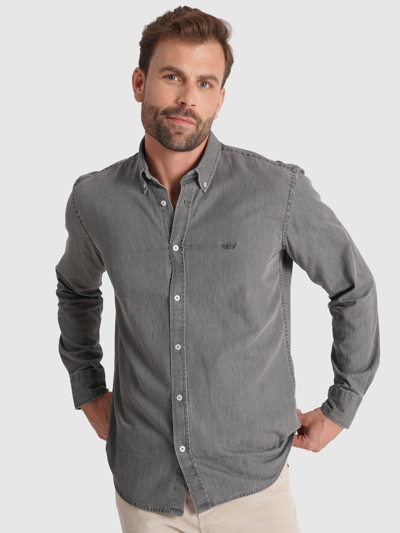 Camisa Algodão Cinzenta Manga Comprida Regular Fit Mr. Blue