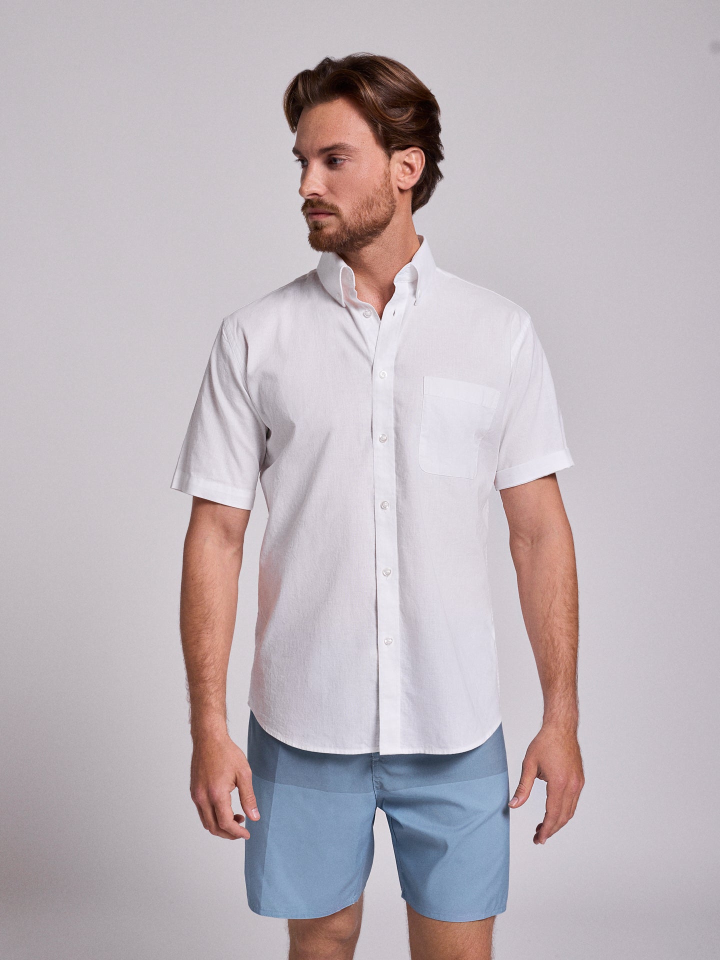 WHITE LINEN SHIRT SHORT SLEEVE REGULAR FIT MR. BLUE