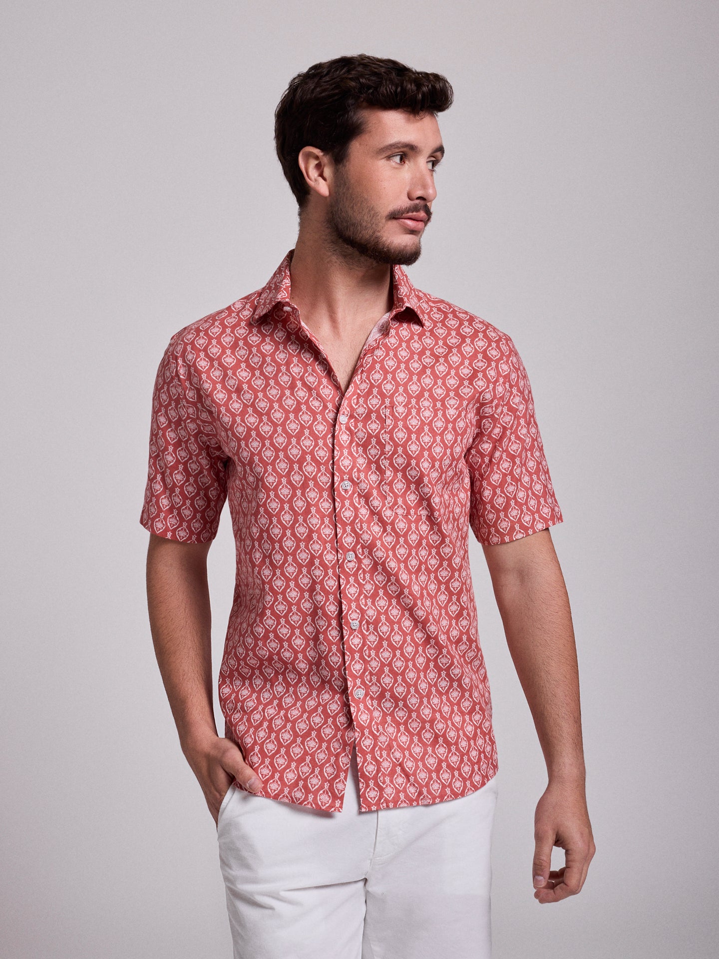 RED LINEN SHIRT SHORT SLEEVE REGULAR FIT MR. BLUE